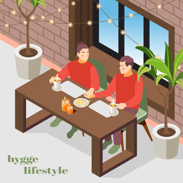 Ilustración isométrica de estilo de vida Hygge con plantas de luces interiores de apartamentos acogedores daneses disfrutando de una pareja de café