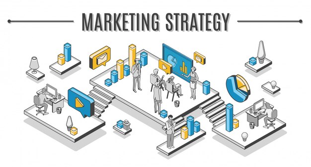 Ilustración isométrica de estrategia de marketing empresarial