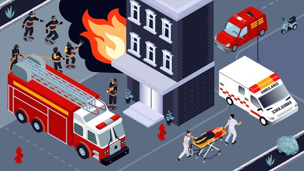 Ilustración isométrica de extinción de incendios con brigadas de bomberos y servicio de ambulancia dedicados a la extinción de un edificio en llamas y a salvar vidas de víctimas