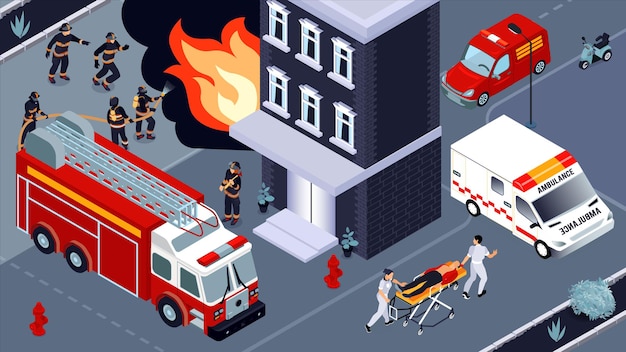 Ilustración isométrica de extinción de incendios con brigadas de bomberos y servicio de ambulancia dedicados a la extinción de un edificio en llamas y a salvar vidas de víctimas