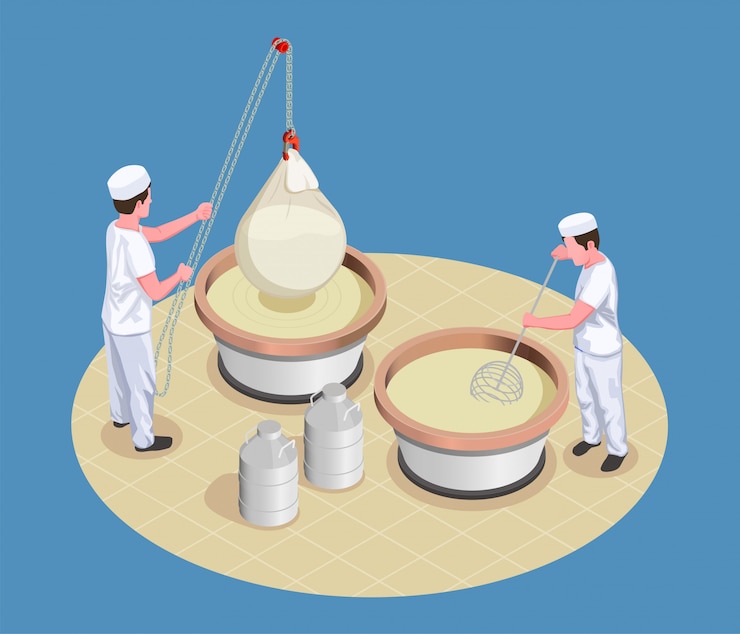 Vector gratuito ilustración isométrica de fabricación de queso con trabajadores de fabricación amasar y verificar el proceso de fermentación