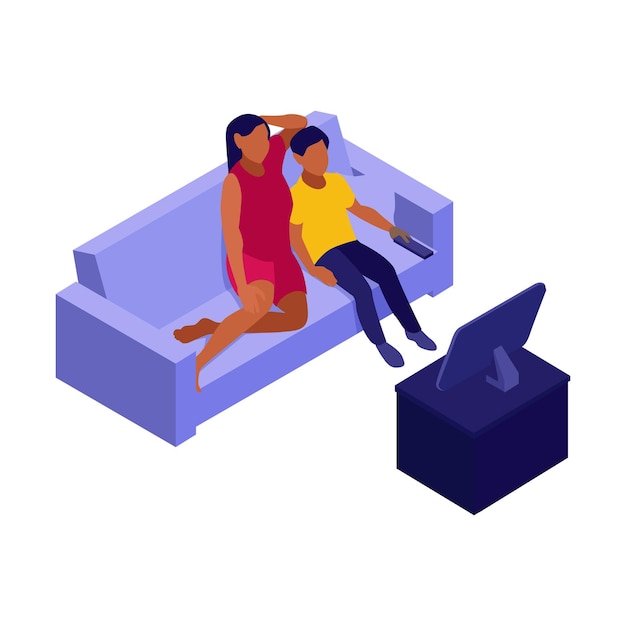 Ilustración isométrica de una familia sentada en el sofá viendo la televisión