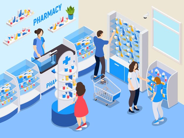 Ilustración isométrica de farmacia
