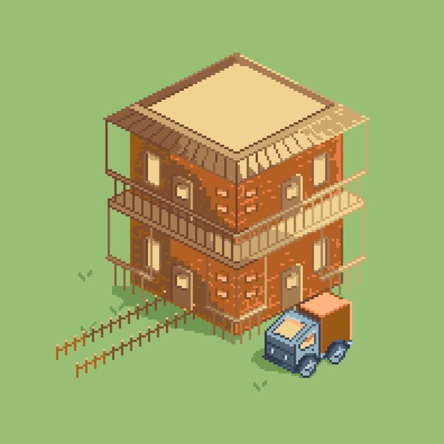 Ilustración isométrica de glamping pixelado