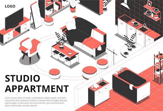 Ilustración isométrica con habitaciones con elementos de mobiliario y texto editable.