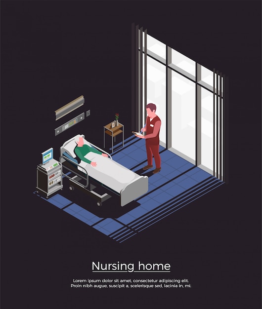 Ilustración isométrica del hogar de ancianos con pacientes ancianos visitantes personales acostado en la cama
