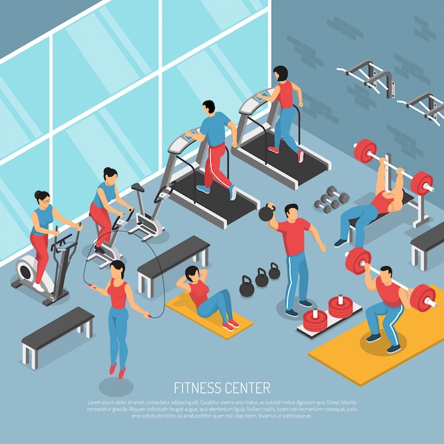 Ilustración isométrica interior del gimnasio