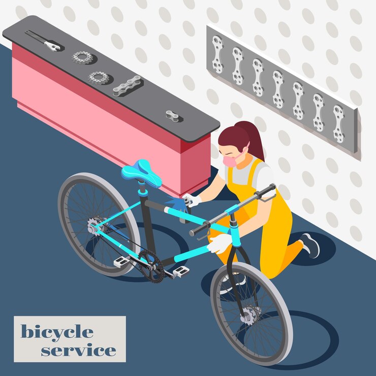 Vector gratuito ilustración isométrica interior de la tienda de servicio de mantenimiento de reparación de bicicletas
