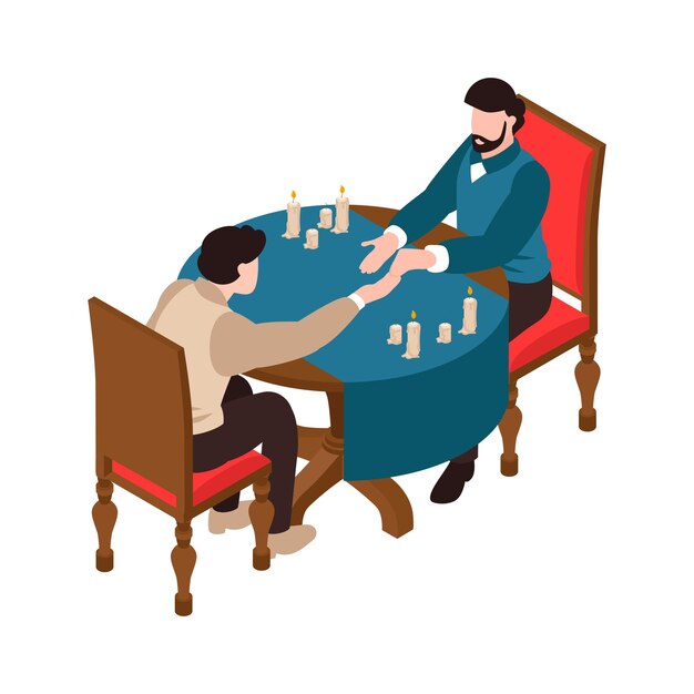 Ilustración isométrica con lector de palma diciendo fortuna 3d