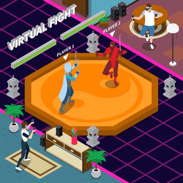Ilustración isométrica de lucha virtual