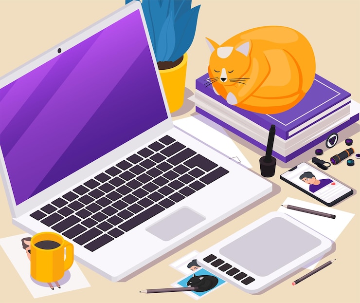 Vector gratuito ilustración isométrica del lugar de trabajo con teléfono móvil tableta portátil y herramientas para hacer fotos