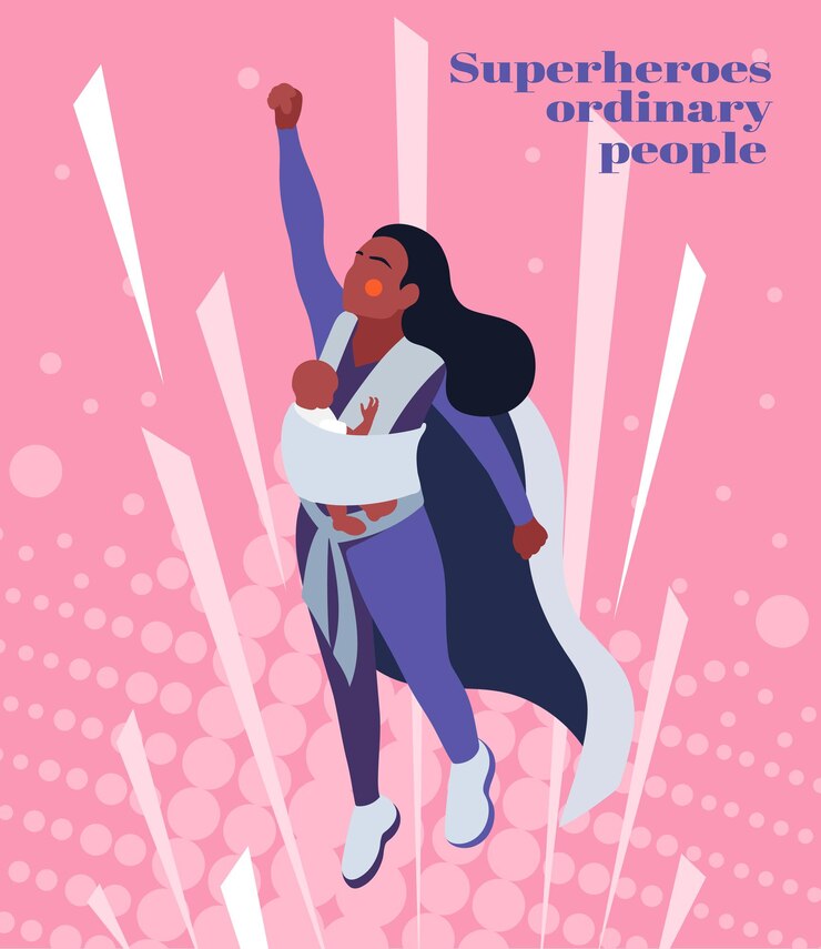 Vector gratuito ilustración isométrica de la madre de superhéroe con joven negra con bebé en cabestrillo