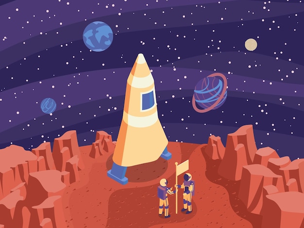 Ilustración isométrica de Marte con cohete en Marte y dos astronautas establecen la ilustración de la bandera