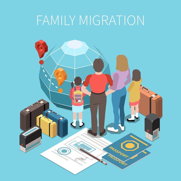 Ilustración isométrica de movilidad de población y desplazamiento de migración.