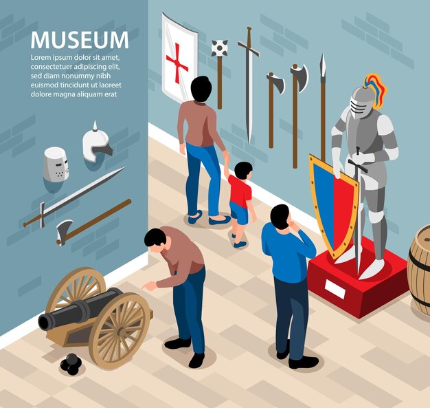 Ilustración isométrica del museo histórico con visitantes de paisajes interiores que ven armas antiguas y disfraces con texto editable