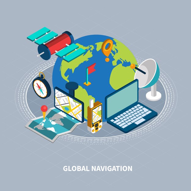 Ilustración isométrica de navegación global