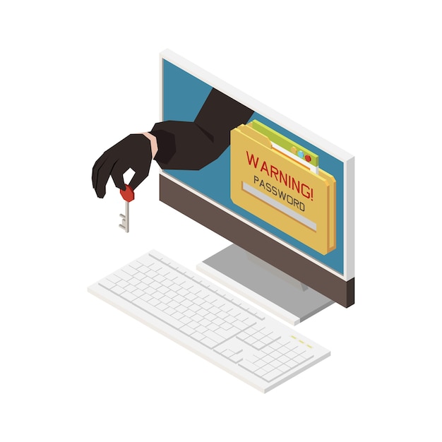 Ilustración isométrica con notificación de advertencia en la computadora y el pirata informático que sostiene la clave que roba la contraseña 3d