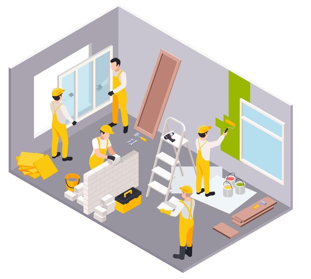 Ilustración isométrica de obras de reparación de renovación