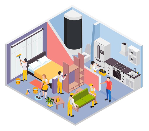Ilustración isométrica de obras de reparación de renovación