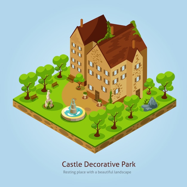 Ilustración isométrica del paisaje del castillo