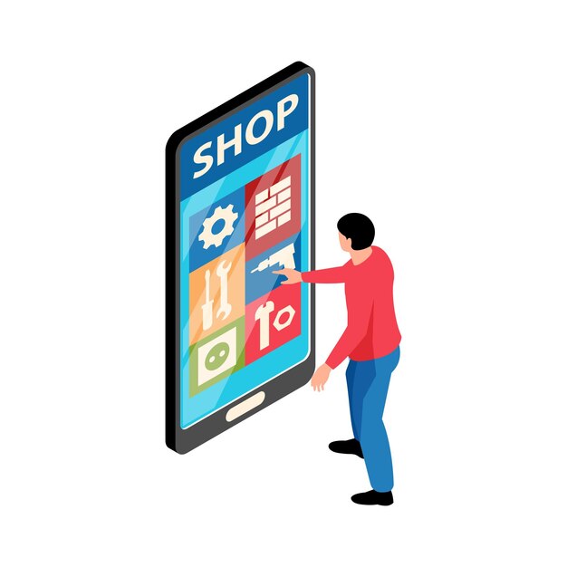 Ilustración isométrica con personaje haciendo compras en línea en un teléfono inteligente 3d