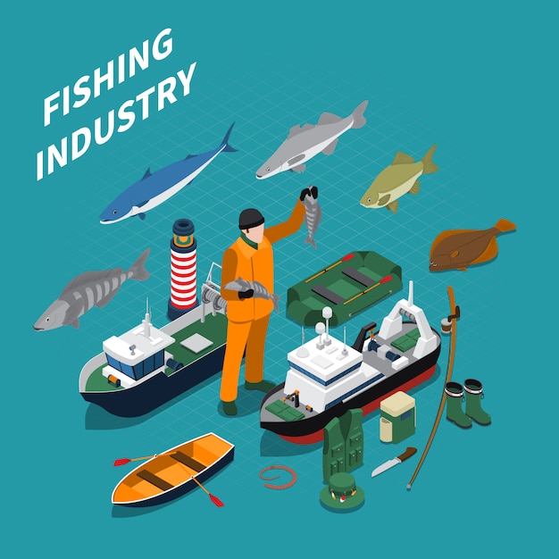 Ilustración isométrica de pesca con símbolos de la industria pesquera en azul