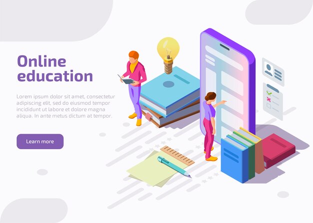 Ilustración isométrica plana de la educación en línea.