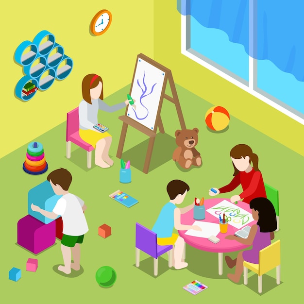 Ilustración isométrica plana con maestros y niños dibujando y jugando en la guardería o guardería