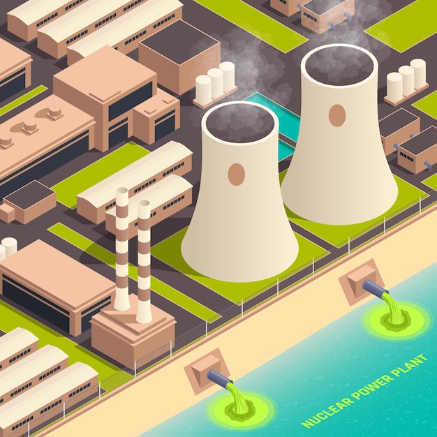 Vector gratuito ilustración isométrica de la planta de energía nuclear