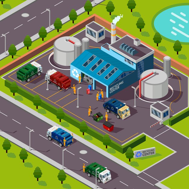 Ilustración isométrica planta de reciclaje