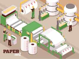 Vector gratuito ilustración isométrica del proceso controlado por el operador automatizado de fabricación de papel