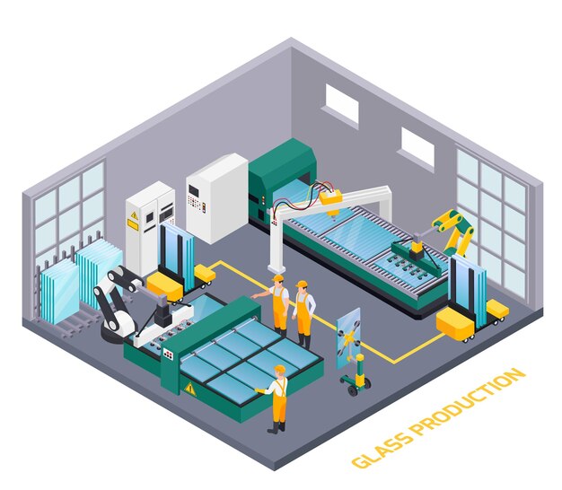 Ilustración isométrica de producción de vidrio.