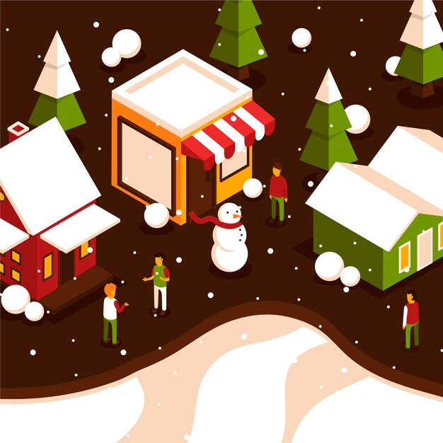 Ilustración isométrica de pueblo navideño