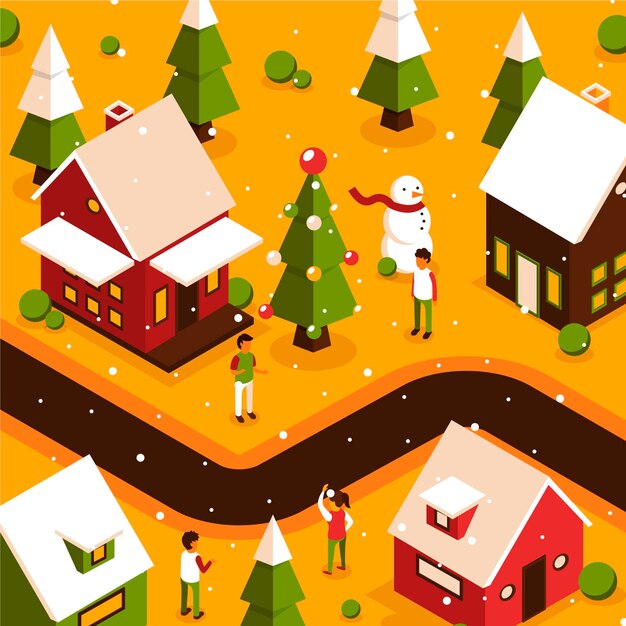 Ilustración isométrica de pueblo navideño