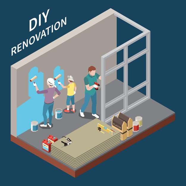 Ilustración isométrica de renovación de bricolaje