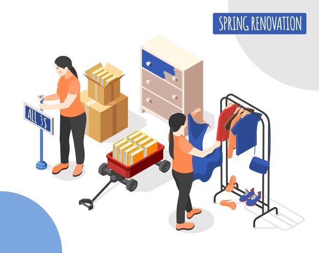 Vector gratuito ilustración isométrica de renovación de primavera con vendedoras actualizando nueva colección de ropa femenina en la sala de comercio de la tienda