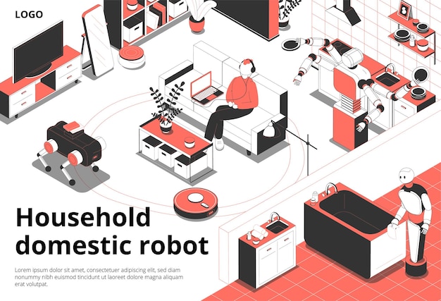 Vector gratuito ilustración isométrica de robots de interior domésticos domésticos
