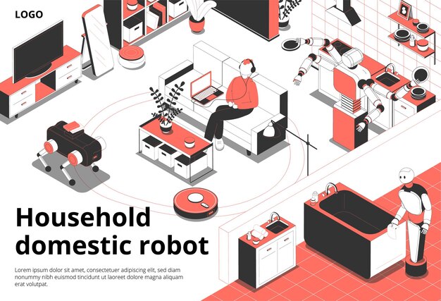 Ilustración isométrica de robots de interior domésticos domésticos