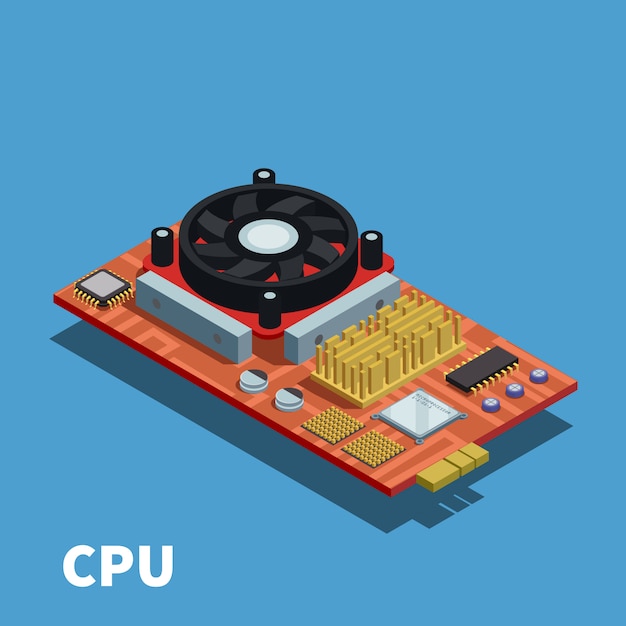 Ilustración isométrica de semiconductores demostrada placa de circuito impreso con unidad central de procesamiento y sistema de enfriamiento