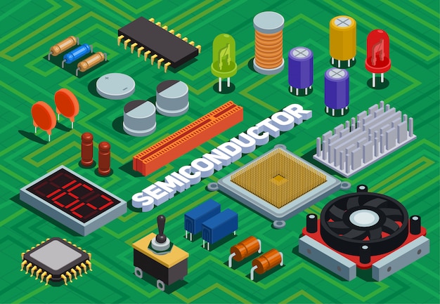 Ilustración isométrica de semiconductores imitada placa de circuito impreso con diferentes componentes electrónicos de esquema eléctrico