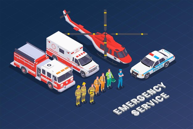 Ilustración isométrica del servicio de emergencia.