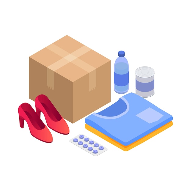 Ilustración isométrica del servicio de entrega con caja de cartón y diversos productos 3d