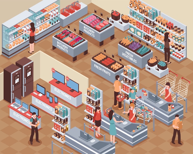 Ilustración isométrica de supermercado