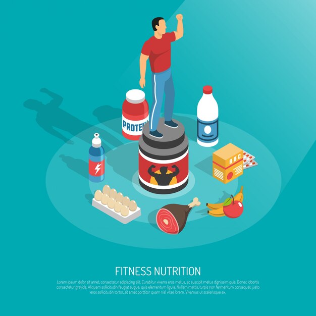 Ilustración isométrica de suplementos de nutrición de fitness