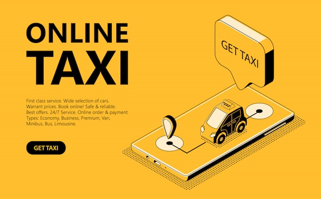 Ilustración isométrica de taxi en línea, página web para recibir un taxi