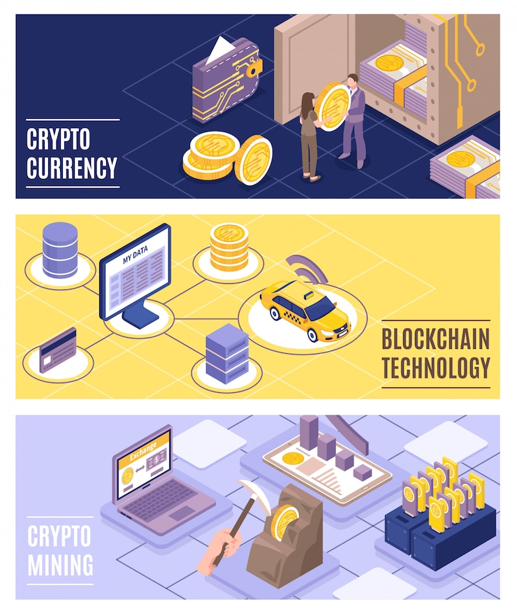 Vector gratuito ilustración isométrica de la tecnología de criptomonedas y blockchain