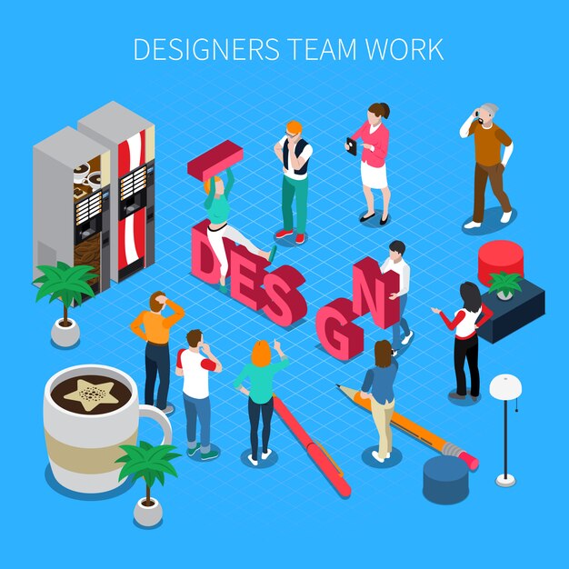 Ilustración isométrica de trabajo en equipo de diseñadores con zapatos y botas