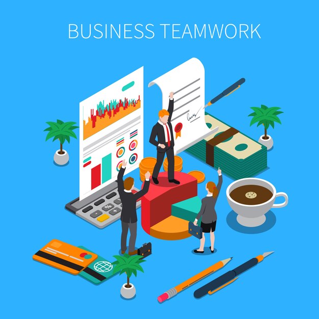 Ilustración isométrica de trabajo en equipo de negocios con ideas de trabajo y símbolos de progreso