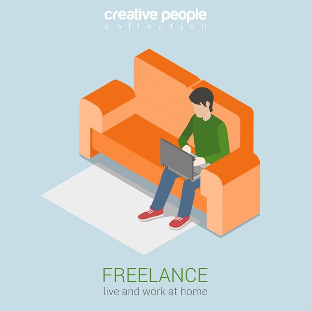 Ilustración isométrica de trabajo independiente en casa Freelancer joven en el sofá trabajando en la computadora portátil