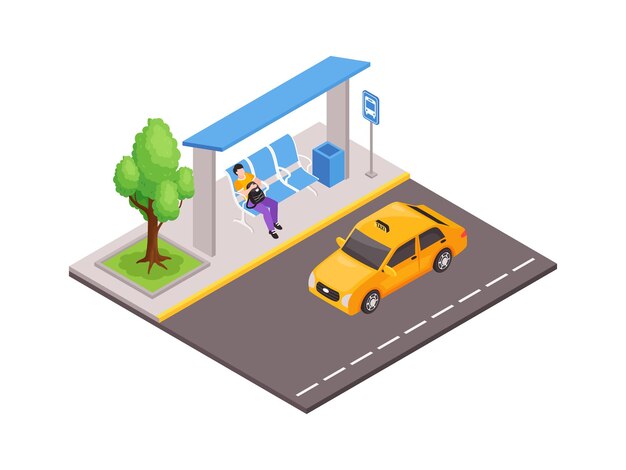 Ilustración isométrica del transporte público de la ciudad con el hombre en la parada del autobús y un taxi amarillo en la carretera